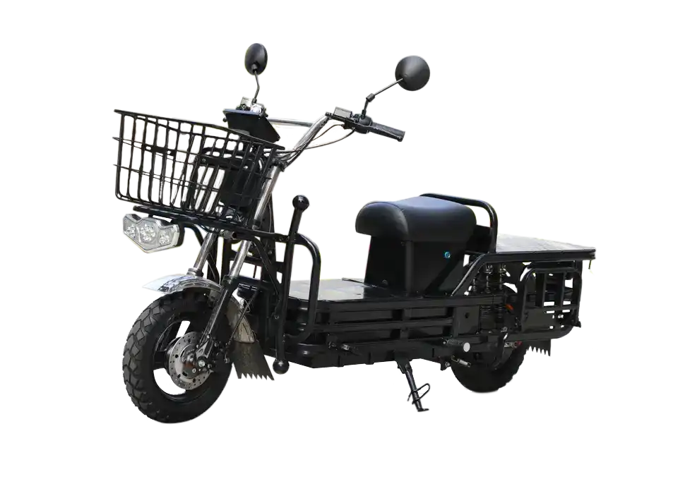 Vélo cargo électrique noir (ONES8) pour livraison, avec un grand panier avant et une plateforme de chargement arrière, doté d'une suspension à six amortisseurs et d'une batterie 72V 52Ah.