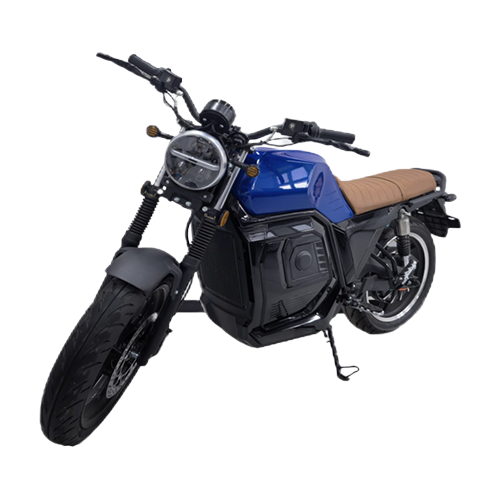 Moto électrique M018 bleue style rétro/scrambler, moteur 3000W, vitesse max 80 Km/h et batterie Lithium, montrant les spécifications techniques.